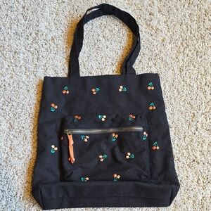 Cherry Embroidered Black Tote Bag